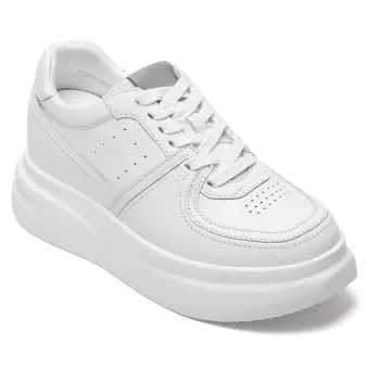 Elevator Sneakers For Women | White Leather Chunky Trainers 8 CM / 3.15 Inches