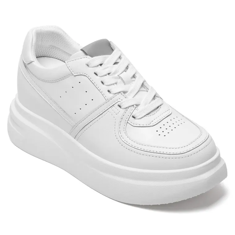 Elevator Sneakers For Women | White Leather Chunky Trainers 8 CM / 3.15 Inches