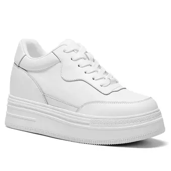 Elevator Sneakers For Women - White Leather Casual Shoes 8CM / 3.15 Inches