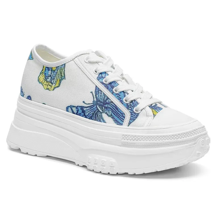 Elevator Shoes For Women - White Casual Height Increasing Canvas Shoes Butterfly Pattern 3.15 Inches / 8 CM