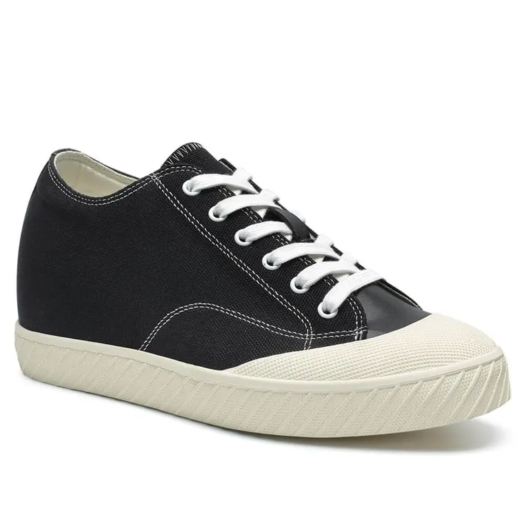 Elevator Shoes For Women - Hidden High Heel Shoes - Black Canvas Shoes 2.36 Inches / 6 CM