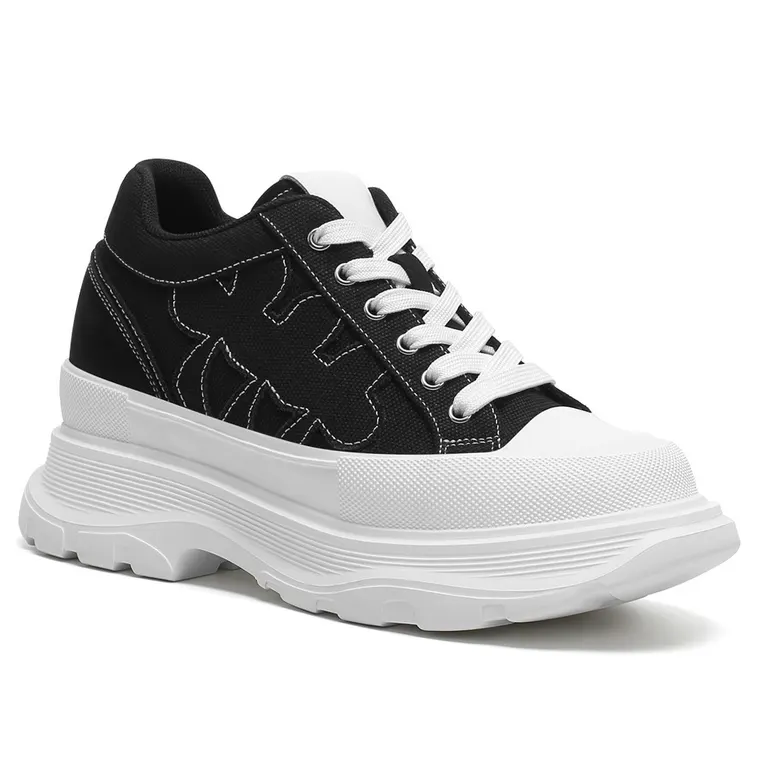 Height Increasing Shoes For Women - Black Canvas Casual Shoes 8CM / 3.15 inches