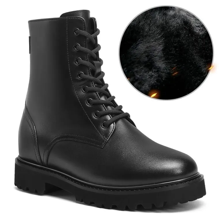 Women's Height Increasing Boots - Fur lining Black Leather Side Zip Boots 8CM / 3.15 Inches