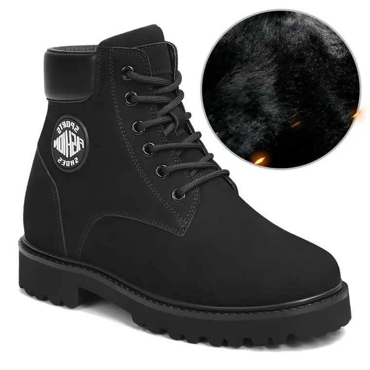 Women's Height Increasing Boots - Fur Lining Black Nubuck Leather Boots 8CM / 3.15 Inches