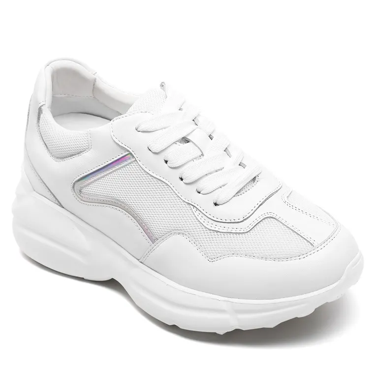 Height Increasing Shoes For Ladies - White Leather &amp; Mesh Elevator Sneakers For Women 3.15 Inches / 8CM