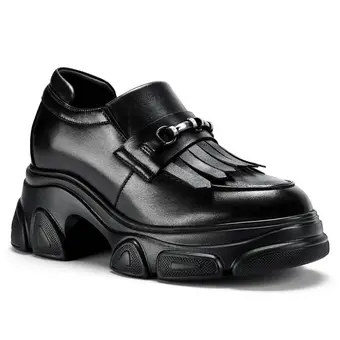 Elevator Shoes For Women - Black Soft Leather Tassel Loafers 9CM / 3.54 Inches