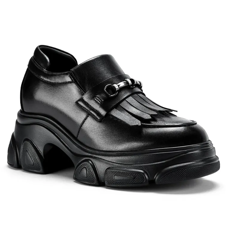 Elevator Shoes For Women - Black Soft Leather Tassel Loafers 9CM / 3.54 Inches
