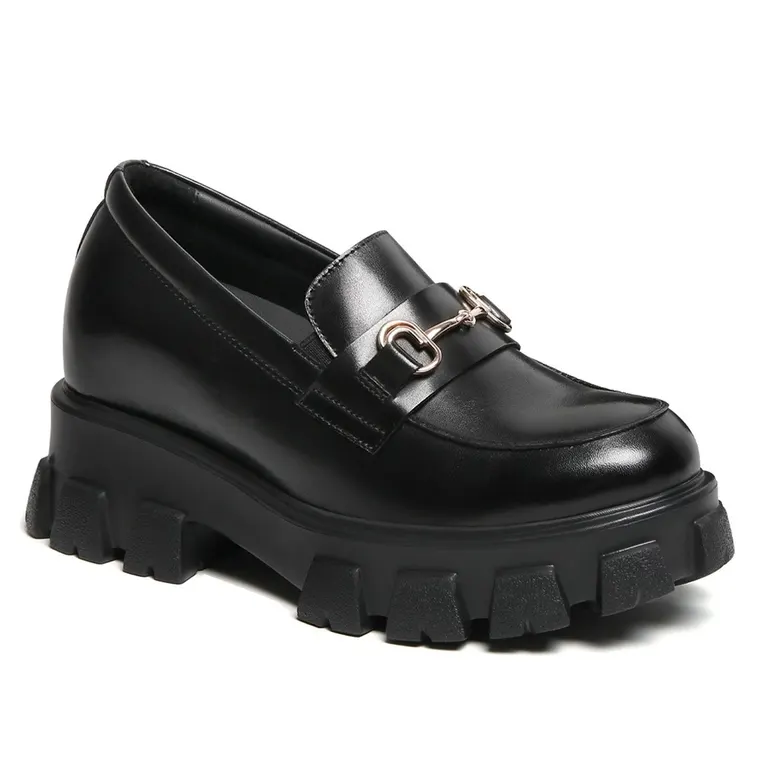 Elevator Shoes For Women - Black Leather Business Casual Loafers 9CM / 3.54 Inches