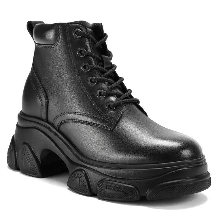 Elevator Boots For Women - Black Leather Casual Boots 9CM / 3.54 Inches