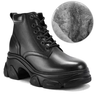 Elevator Boots For Women - Fur Lining Black Leather Casual Boots 9CM / 3.54 Inches