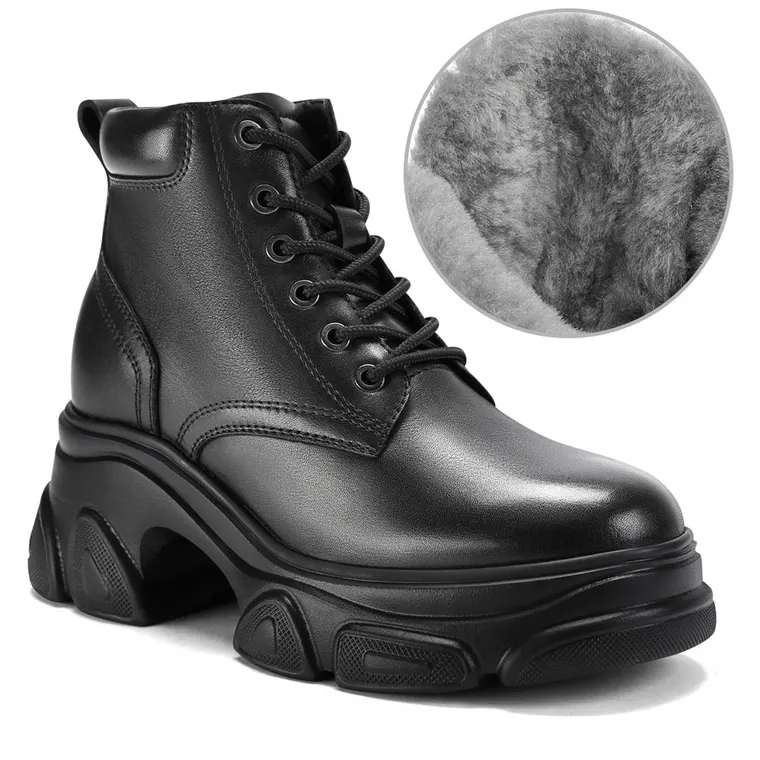 Elevator Boots For Women - Fur Lining Black Leather Casual Boots 9CM / 3.54 Inches