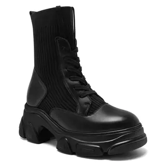 Women's Height Increasing Boots - Black Breathable Knit Casual Boots 9CM / 3.54 Inches