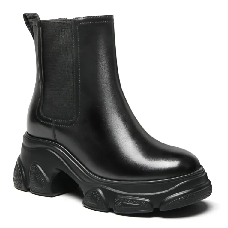 Women's Elevator Boots - Black Leather Casual Chelsea Boots 9CM / 3.54 Inches