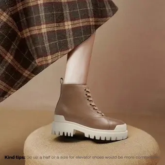 Elevator Boots For Women - Khaki Leather Height Increasing Shoes 3.15 Inches / 8CM