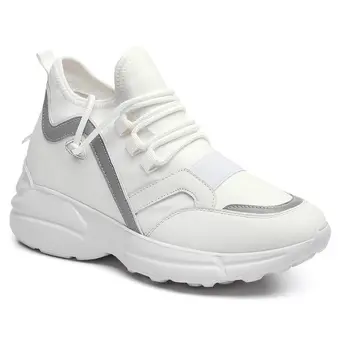 Elevator Sneakers For Women - Height Increasing Shoes For Ladies - White Elastic Fabric Sneakers 3.15 Inches / 8 CM