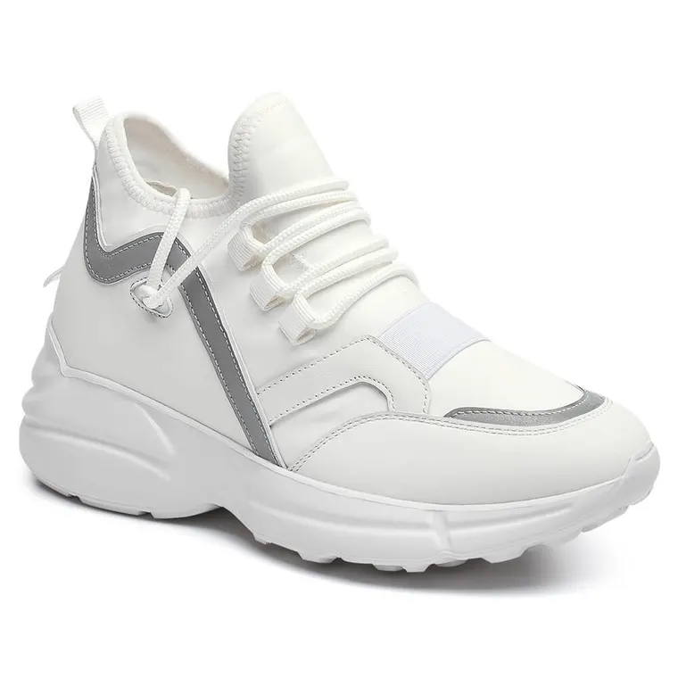 Elevator Sneakers For Women - Height Increasing Shoes For Ladies - White Elastic Fabric Sneakers 3.15 Inches / 8 CM