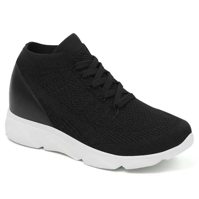High Heel Sneakers For Women - Elevator Shoes For Women Breathable Black Knit 2.36 Inches / 6 CM