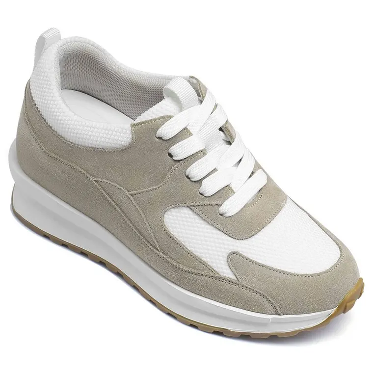 Elevator Sneakers For Women - Height Increasing Shoes For Ladies - Khaki Wedge Sneakers 7cm / 2.76 Inches