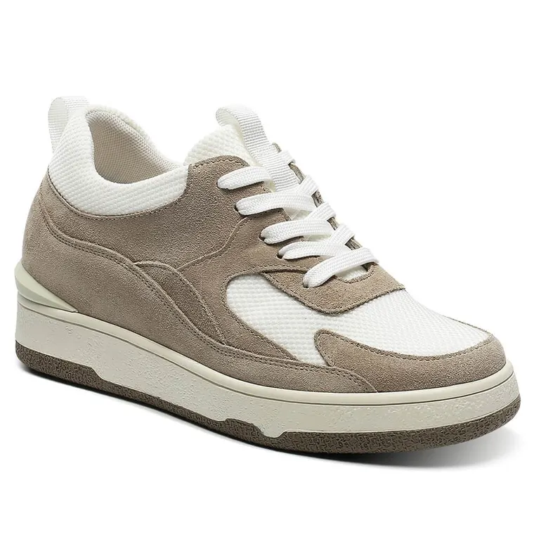 Casual High Heel Sneakers For Women - Khaki Elevator Shoes For Women 2.36 Inches / 6 CM