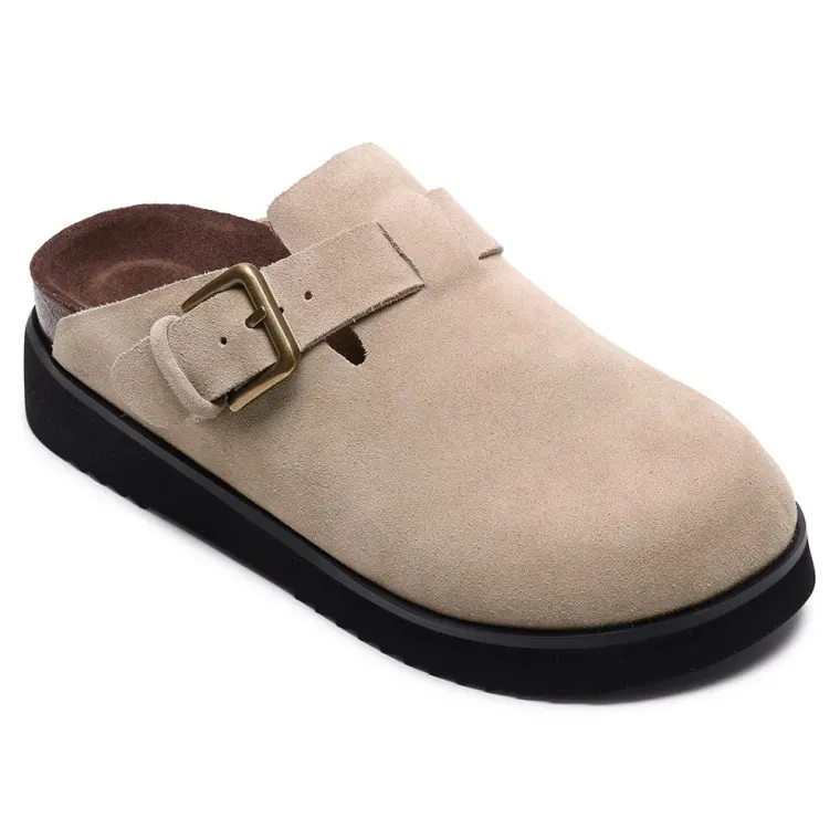 Women's Height Increasing Mules | Apricot Suede Buckle Slippers 5CM / 1.95 Inches