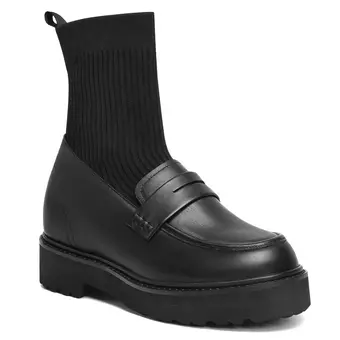 Elevator Shoes For Women - Black Calfskin Sock Loafer Boots 3.15 Inches / 8CM