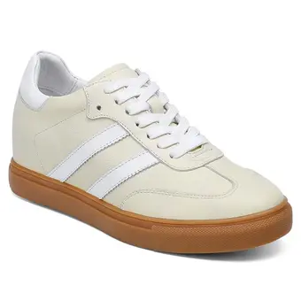 Off White Leather Casual Elevator Sneakers For Women - Invisible Height Increase Shoes 1.95 Inches / 5CM