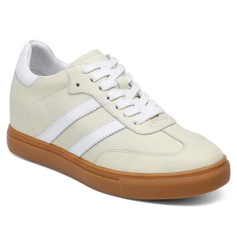 Off White Leather Casual Elevator Sneakers For Women - Invisible Height Increase Shoes 1.95 Inches / 5CM