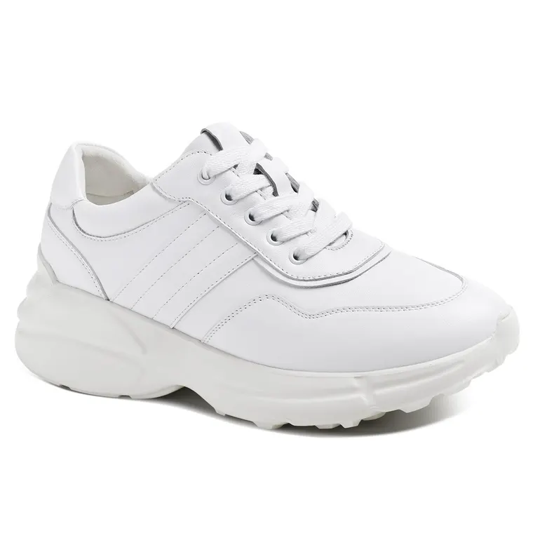Elevator Shoes Sneakers Women's - White Leather Casual Height Increasing Shoes 2.36 Inches / 6CM
