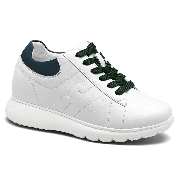 Elevator Sneakers For Women - White Leather Height Increasing Shoes 2.76 Inches / 7 CM