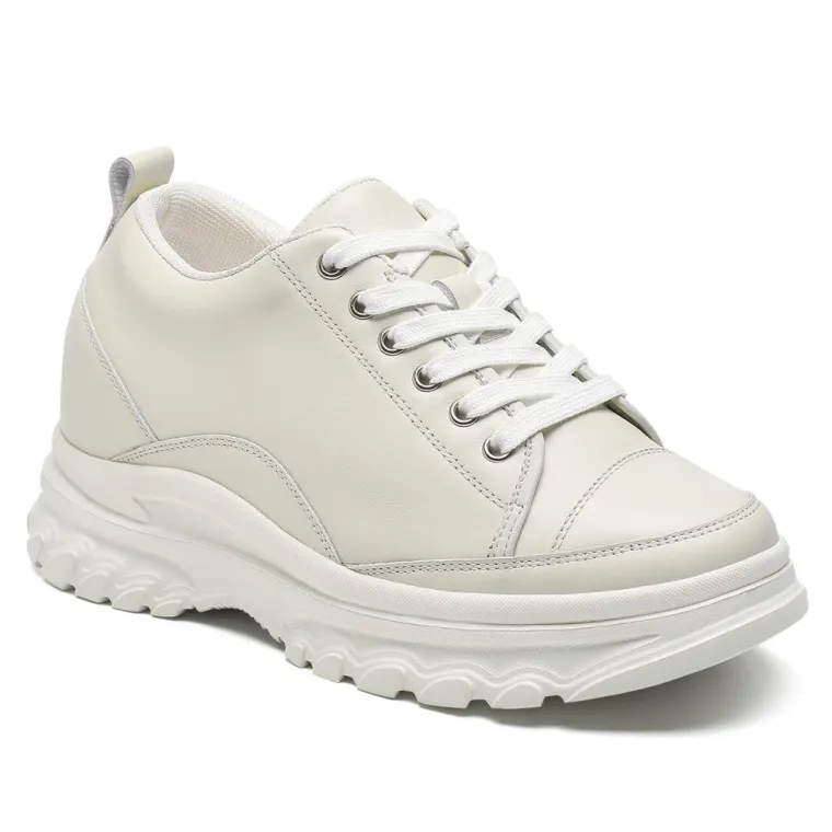 Height Increasing Sneakers - Off White Leather Casual Elevator Shoes For Women 2.76 Inches / 7 CM