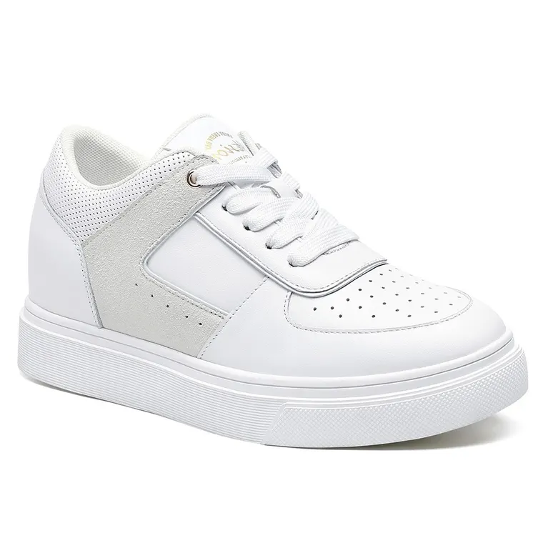 Women's Height Increasing Sneakers - White Leather Invisible Elevator Shoes 2.76 Inches / 7 CM