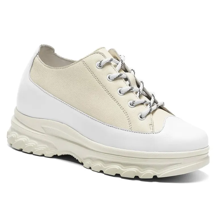 Casual Platform Shoes Women - Light Beige Elevator Shoes For Women 2.76 Inches / 7 CM