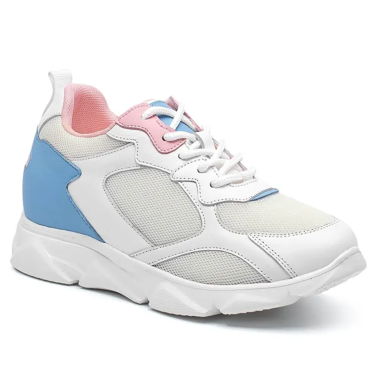 High Heel Sneakers For Women - White Cowhide Leather Height Increasing Shoes 2.76 Inches / 7 CM