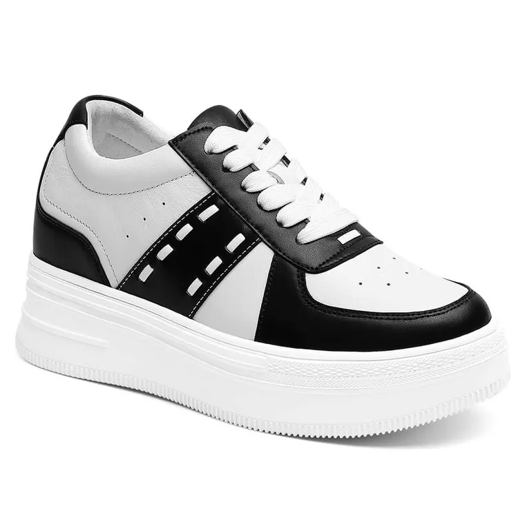 Elevator Shoes For Women - Casual Height Increasing Sneakers Black &amp; White Leather 3.15 Inches / 8 CM
