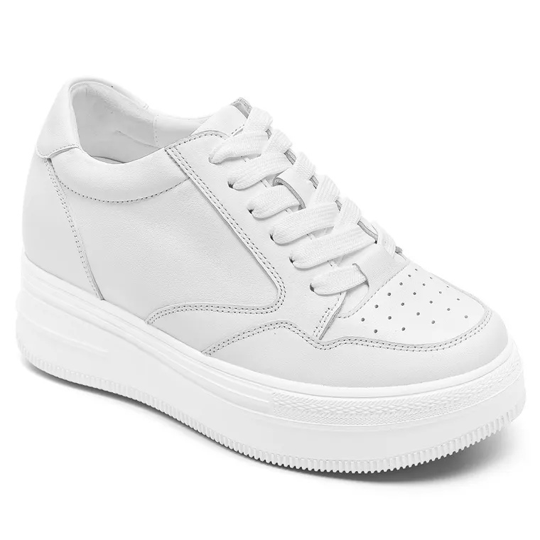 Elevator Shoes For Women - Cowhide Leather White Height Increasing Shoes 3.15 Inches / 8CM