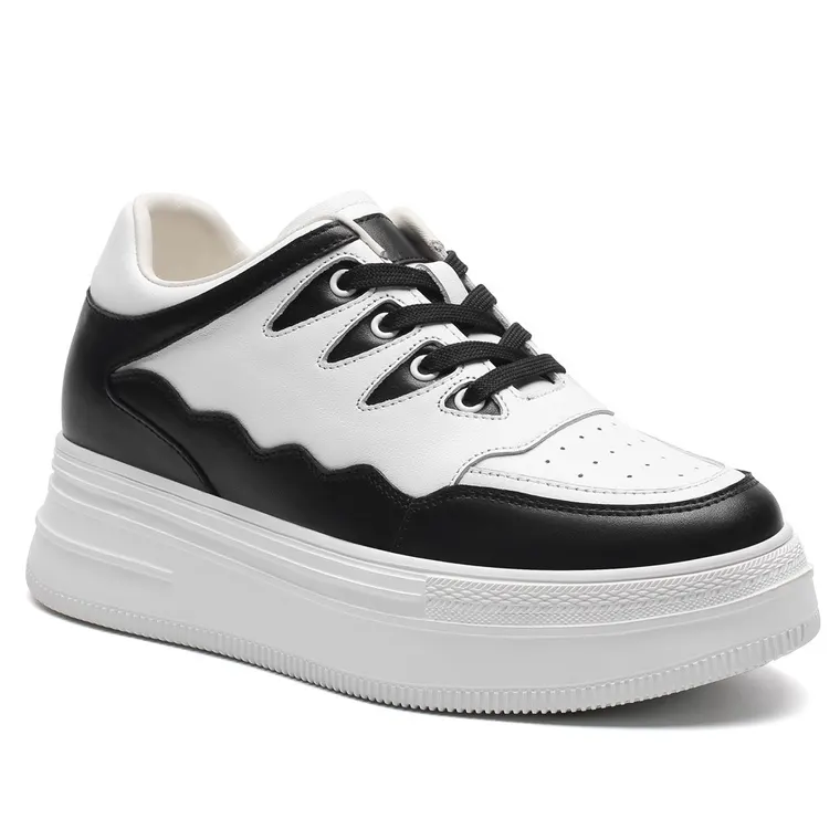 Women's Shoes With Higher Heels - White &amp; Black Leather Casual Elevator Shoes 8CM / 3.15 Inches