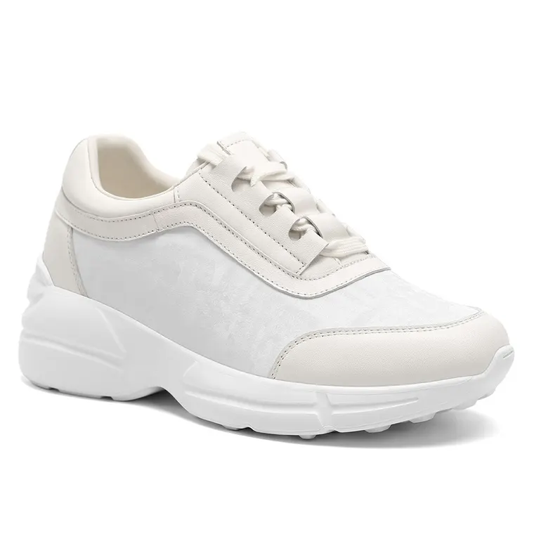 Elevator Shoes For Women - White Leather Casual Wedge Sneakers 7CM / 2.76 Inches
