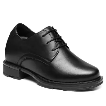 Casual Elevator Shoes For Women - Black Cowhide Leather Hidden Height Increasing Shoes 3.15 Inches / 8 CM