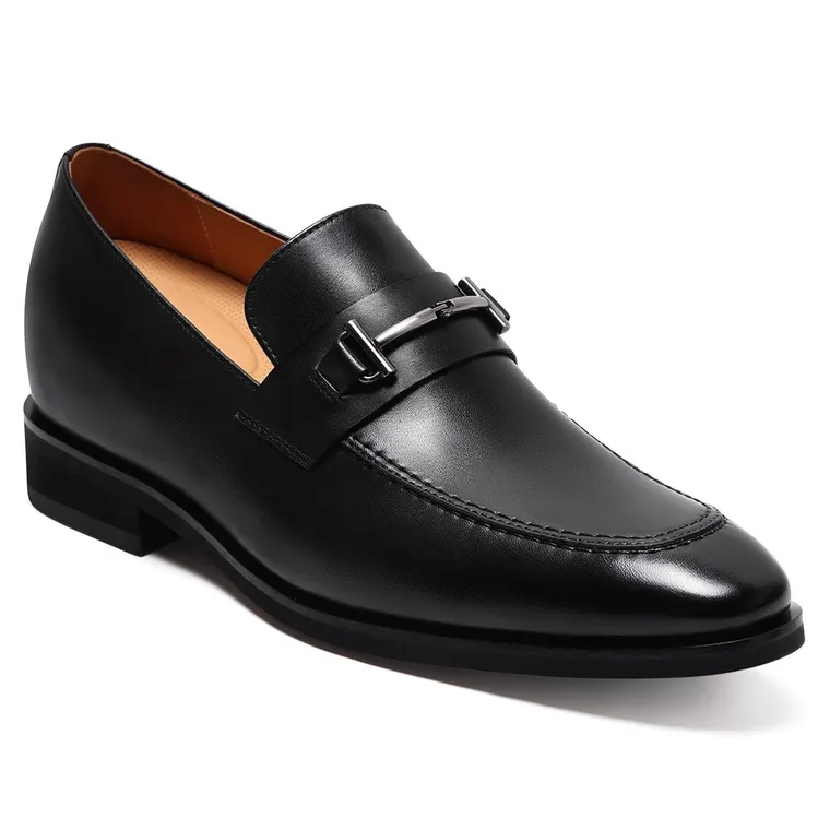 Men's Height Increasing Loafers | Black Leather Metal Buckle Slip-On Shoes 7 CM / 2.76 Inches