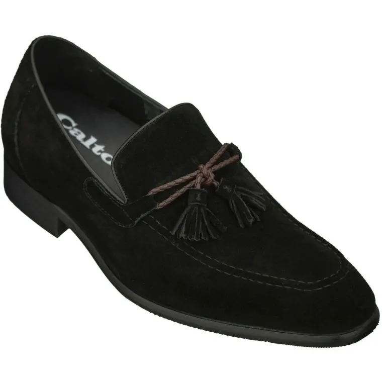 CALTO 2.4" Taller Black Suede Tassel Elevator Loafers