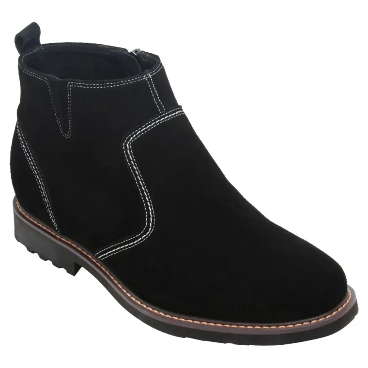 CALTO - Y41082 - 3.2 Inches Taller (Nubuck Black) - Zipper Boots