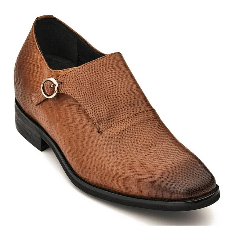 CALTO - Y1181 - 3.2 Inches Taller (Sand Brown) - Lightweight Monk Strap Slip-On Dress Shoes