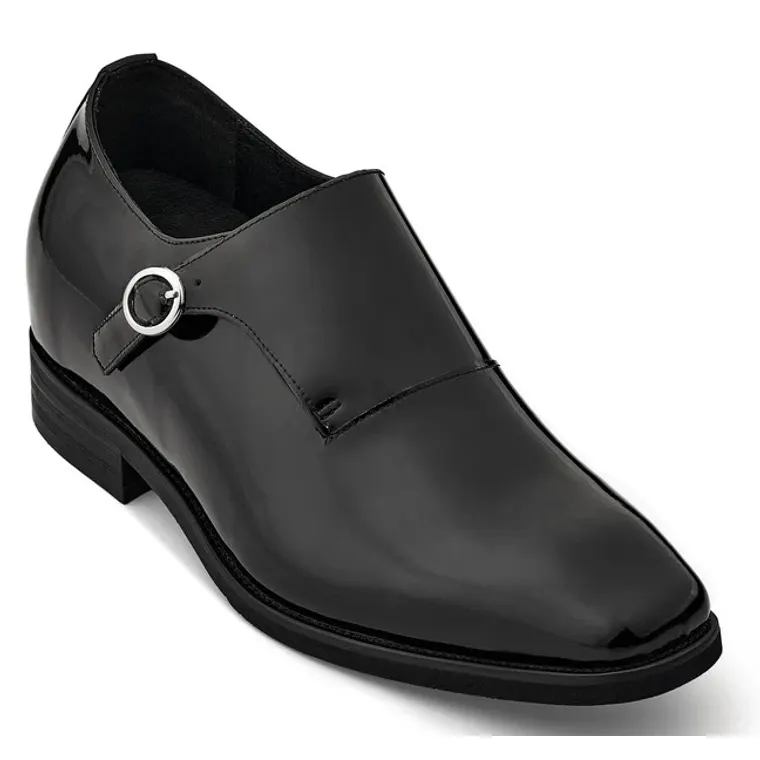 CALTO - Y1182 - 3.2 Inches Taller (Black) - Monk Strap Slip-On Patent Leather Dress Oxford