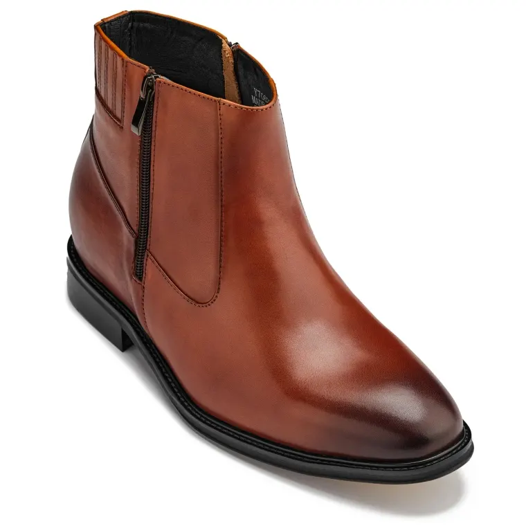 CALTO - Y70623 - 2.8 Inches Taller (Rust Brown) - Lightweight Zipper Boots