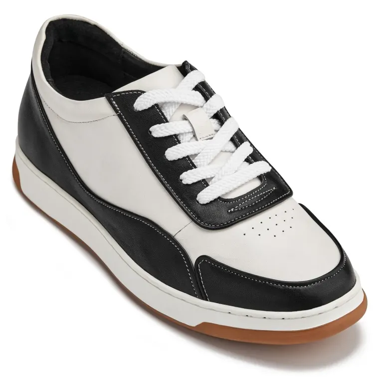 CALTO - Y7884 - 2.6 Inches Taller (Black/White/White & Gum Sole) - Elevated Leather Sneakers