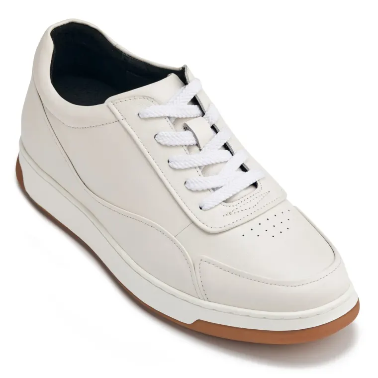 CALTO - Y7886 - 2.6 Inches Taller (Off-White/White & Gum Sole) - Elevated Leather Sneakers