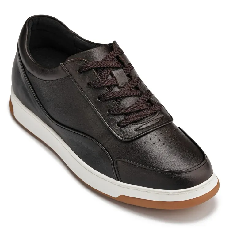 CALTO - Y7887 - 2.6 Inches Taller (Deep Espresso/White & Gum Sole) - Elevated Leather Sneakers