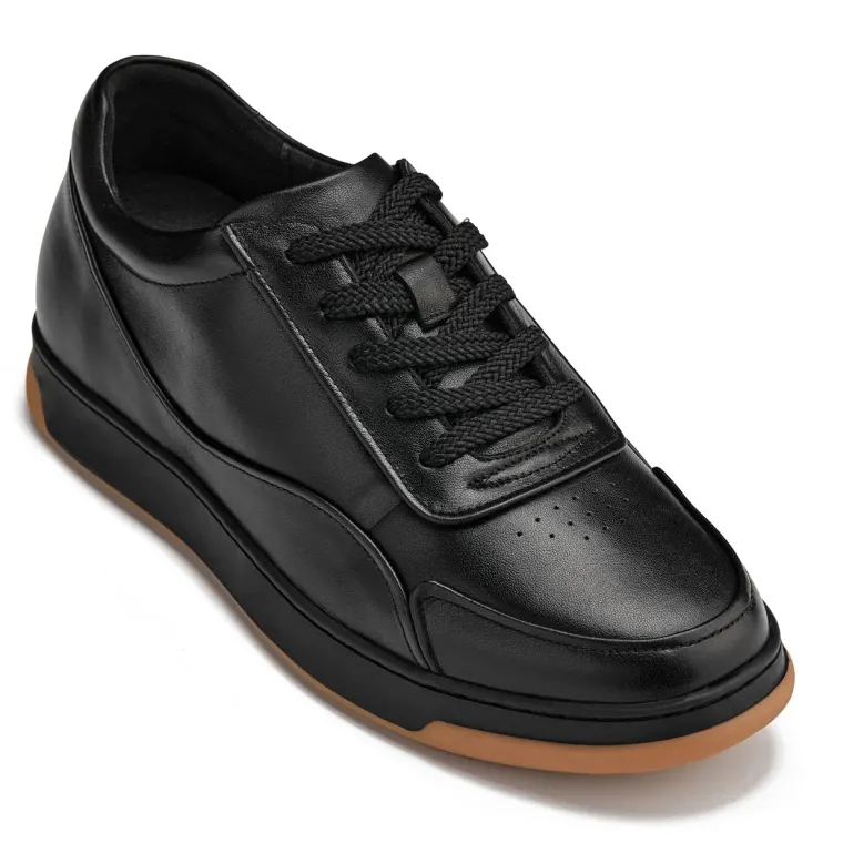 CALTO - Y7888 - 2.6 Inches Taller (Noir/Black & Gum Sole) - Elevated Leather Sneakers