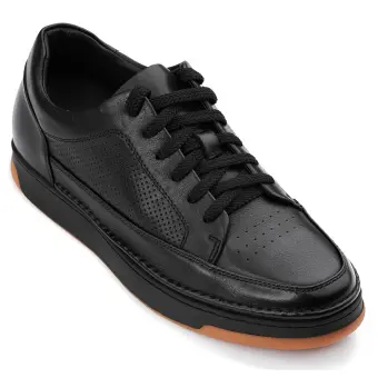 CALTO - Y7931 - 2.6 Inches Taller (Noir/Black & Gum Sole) - Elevated Leather Micro-Perforated Sneakers