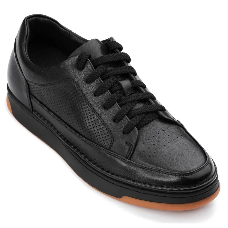 CALTO - Y7931 - 2.6 Inches Taller (Noir/Black & Gum Sole) - Elevated Leather Micro-Perforated Sneakers